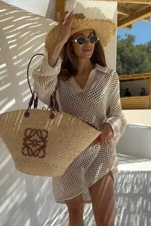 Beach Knit Mini Dress for Women – Sexy Hollow Out Long Sleeve Swimsuit Cover-Up