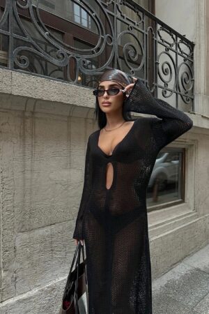 Black and White Sexy Knit Beach Cover Up Dress - V-Neck Cut Out Maxi with Bell Sleeves